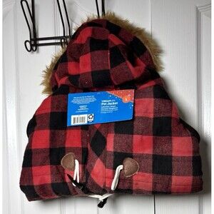 Vibrant Life Dog Pet Jacket Large Red Black Buffalo Plaid Faux Fur Hood NWT
